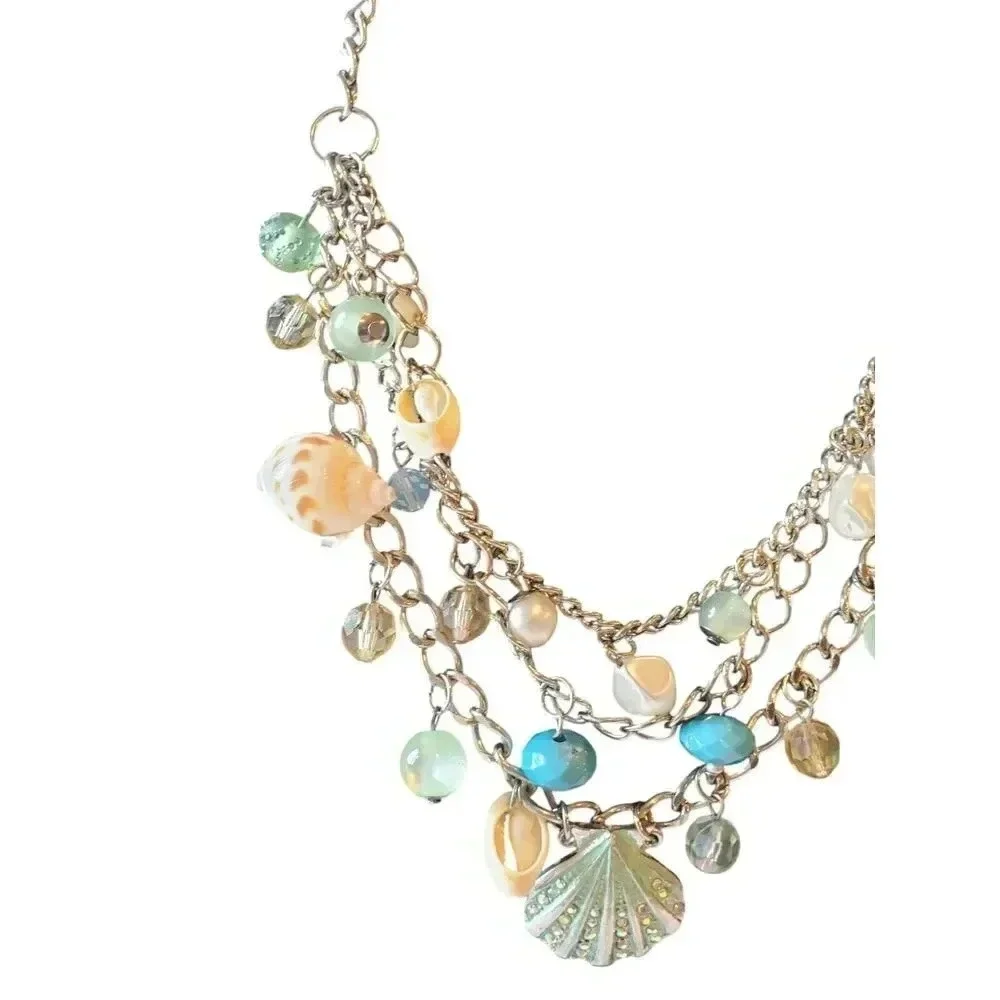 Triple Strand‎ Shell Crystal Bead Bib NecklaceTeal Blues Spring Summer Classic